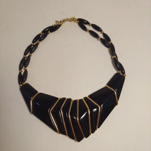 Napier Jewelry - VTG Napier Jet Collection Black Gold Collar Bib Runway Necklace Choker Art Deco